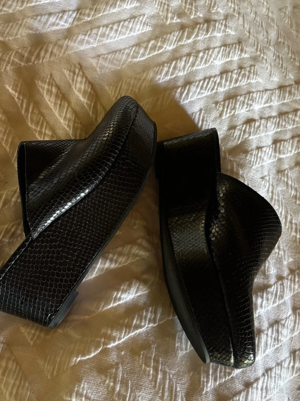 Black leather Faux Snakeskin Slide Mules